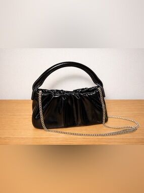 Mango Black Ruched Mini Shoulder Bag Chain Strap Top Handle Clutch